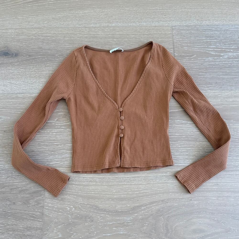 Privacy Please Cropped Cardigan Rib Knit Size XS Rust Orange